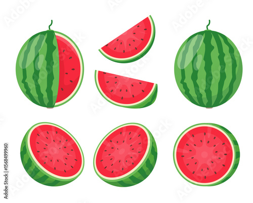 Whole and parts of Watermelon fruits. Fresh whole watermelon, cut and pieces. Organic fruit for juice, smoothie and vitamin healthy food. Vector icons illustration isolated on white background.