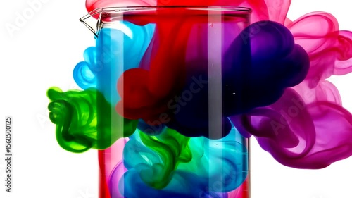 Abstract multicolored ink flowing into a glass container in a vibrant display of color mixing and