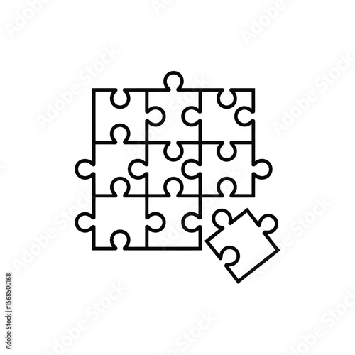 Simple black line drawing of a partially assembled jigsaw puzzle with one piece missing