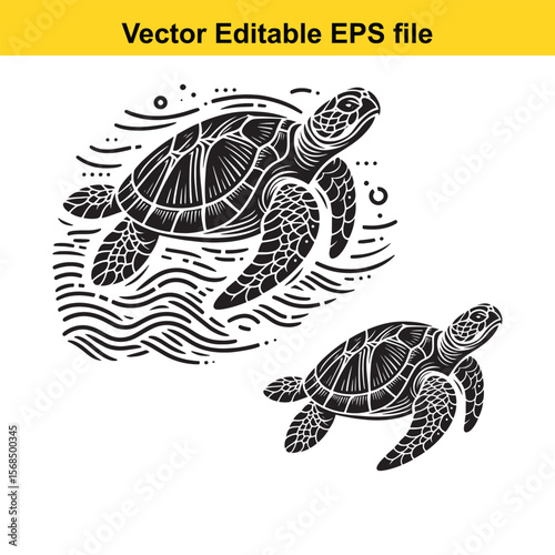Two Sea Turtles Swimming in the Ocean Black and White Vector Graphic Design Perfect for Nature Enthusiasts and Conservation Projects