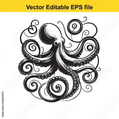 Detailed Octopus Illustration with Intricate Tentacles in Black and White Vector Style Seafood marine life and detailed depiction