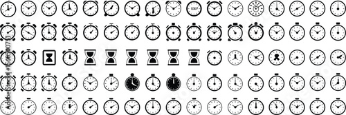 Monochrome Clock Icons Set, Diverse Timekeeping Symbols Collection, Modern Timer GraphicsMonochrome Clock Icons Set, Diverse Timekeeping Symbols Collection, Modern Timer Graphics
