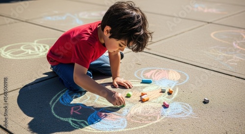 Young hispanic child drawing colorful chalk art on pavement outdoors