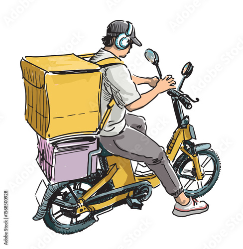 Delivery man of ready meals, pizza, fast food, one person on motorcycle riding on city street with big groceries box, hand drawn realistic vector illustration isolated on white