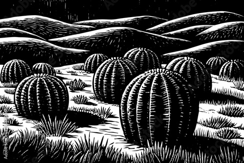 A hilly desert landscape featuring barrel cacti in clusters among sand dunes and sparse vegetation a black and white line art illustration.
