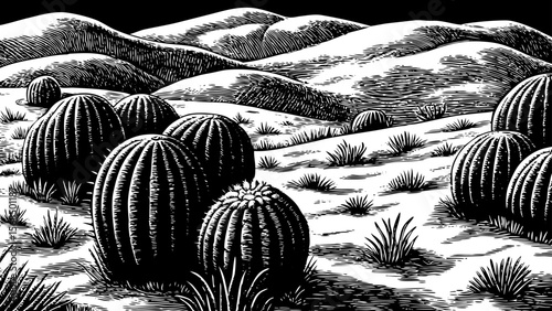 A hilly desert landscape featuring barrel cacti in clusters among sand dunes and sparse vegetation a black and white line art illustration.