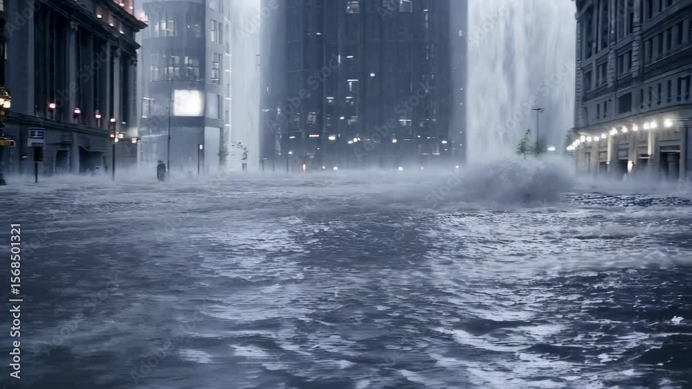 car drives through flooded city streets, its lower half submerged in ...