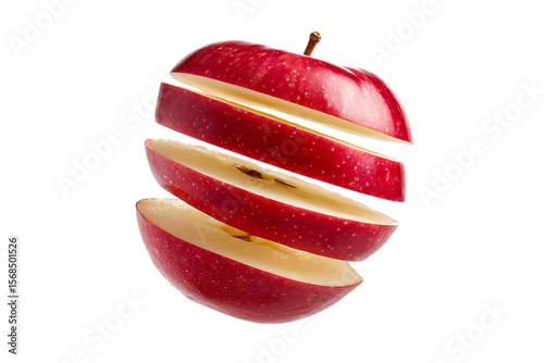 A vibrant red apple artfully sliced into several pieces suspended in mid air against a stark transparent background