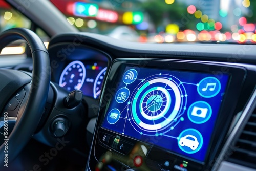 Interior view of a modern car showing its futuristic dashboard interface with navigation, music, and other features, driving in a city at night