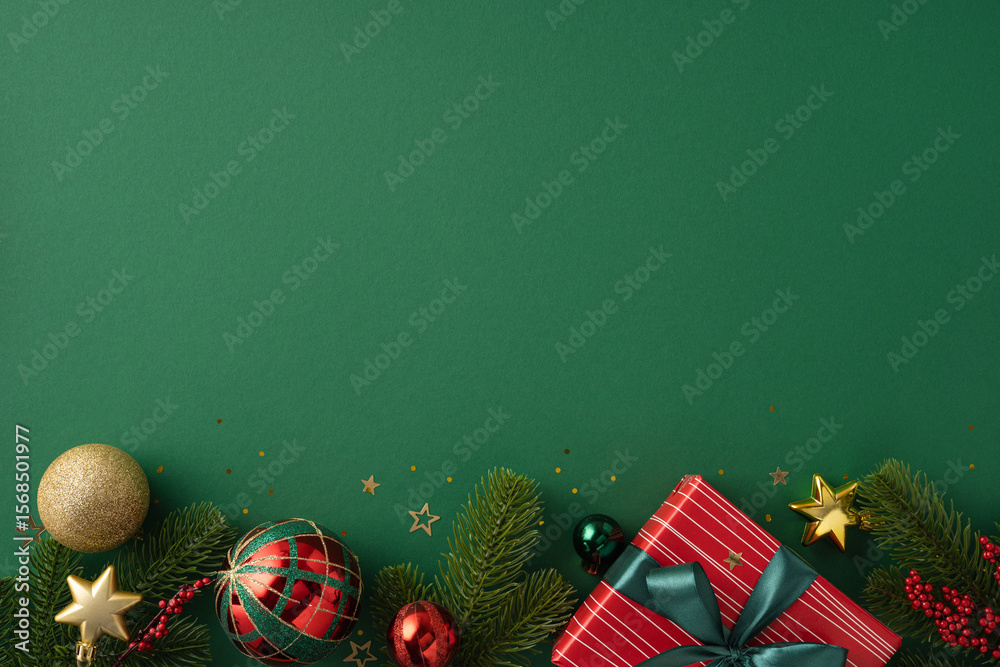 Obraz premium Festive themed image showcasing a flat lay arrangement of Christmas gifts and ornaments placed against a green surface creating a holiday mood