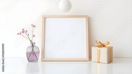 Home interior poster mock up with square frame on table, flowers in vase, lamp and box on warm white wall background. 3D rendering.
