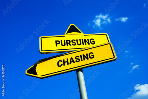 Pursuing vs Chasing - Yellow traffic sign with two options - approaching, courting and expressing amorous interest to potential dating, sex, love and romantic partner.