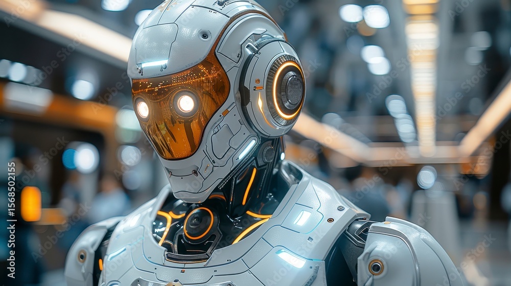 Fototapeta premium White humanoid robot with glowing orange eyes & highlights, busy background