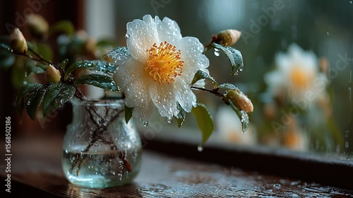   A flower in a vase on a windowsill