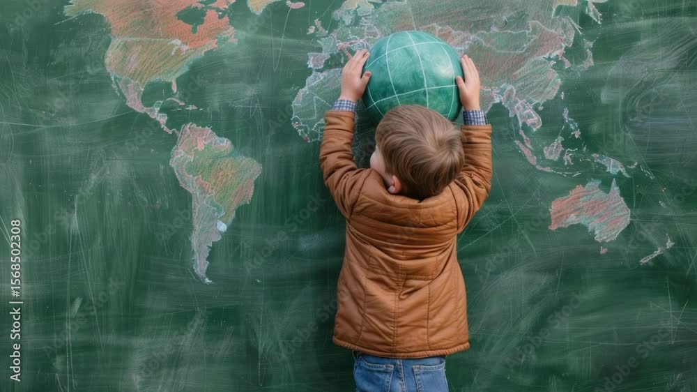 A young boy holds a green ball in front of a blackboard, perfect for education and learning concepts