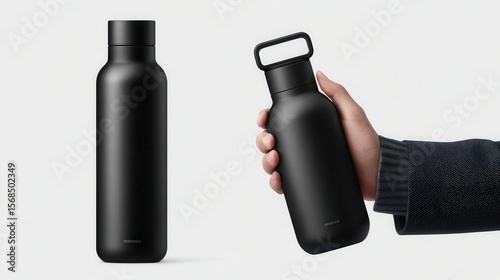 A sleek black reusable water bottle is showcased on a light background, with one held in a hand for emphasis, This image is ideal for environmental campaigns, product promotions, or wellness content,