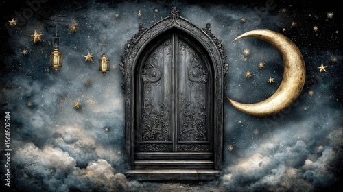 An ornate wooden door stands against a mystical backdrop of clouds, stars, and a crescent moon, creating a serene and dreamlike atmosphere, Ideal for fantasy themes, invitations, or book covers,