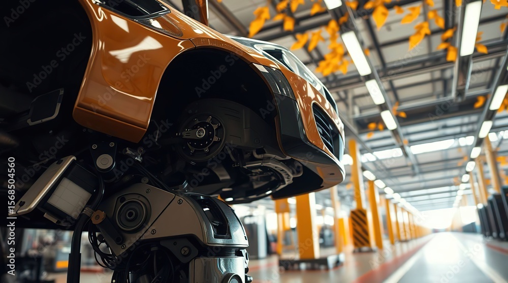 Fototapeta premium Robotic arm lifting a orange vehicle