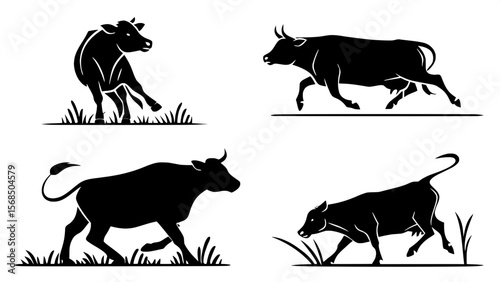 
cow silhouette Vector set, cattle silhouettes, diverse breed of cows. Ideal for farm, ranch branding. Perfect for logos, decals. Black, white background. Bulls, cows, standing, walking, runn