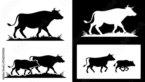
cow silhouette Vector set, cattle silhouettes, diverse breed of cows. Ideal for farm, ranch branding. Perfect for logos, decals. Black, white background. Bulls, cows, standing, walking, runn