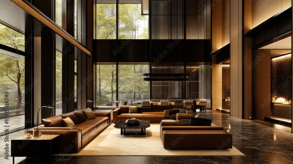 Luxurious modern living room with high ceilings, large windows showcasing lush greenery, and a sophisticated color palette of browns and blacks. Marble flooring Luxurious modern living room with high ceilings, large windows showcasing lush greenery, and a sophisticated color palette of browns and blacks. Marble flooring