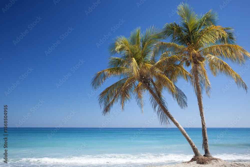 Fototapeta premium Minimalist Palm Trees Against the Ocean: Tranquil Beach Scene with Copy Space for Vacation Dreams