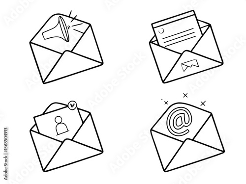 
Email icon vector set features envelopes, notifications, and at symbols. Ideal for messaging apps, communication designs, and email marketing



