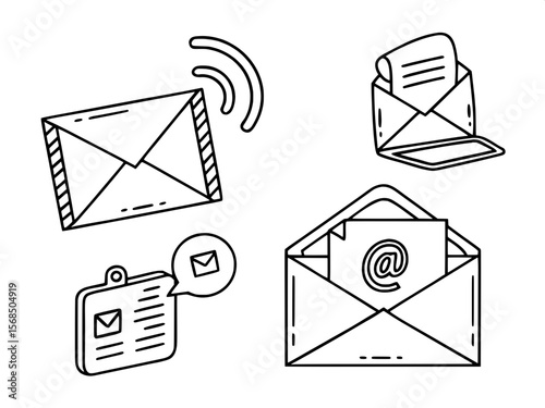
Email icon vector set features envelopes, notifications, and at symbols. Ideal for messaging apps, communication designs, and email marketing



