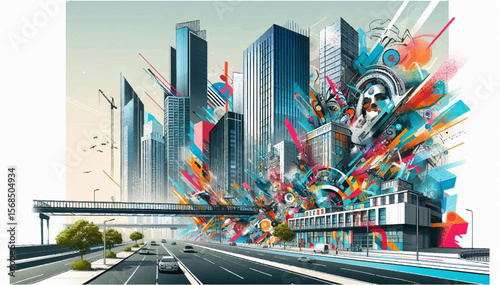 Modern urban landscapes with graffiti, street art and architectural details reflecting the dynamics and creativity of urban life. Vector graphics. EPS.