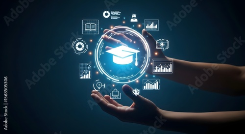 Hands gently cradling a digital graduation cap surrounded by data visualizations, symbolizing online education and learning analytics.
