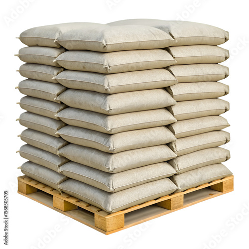 Pile of cement bags isolated on transparent background ideal for construction and hardware visuals
