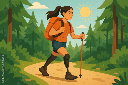 Determined Woman with Prosthetic Leg Hiking Forest Trail with Backpack Vector