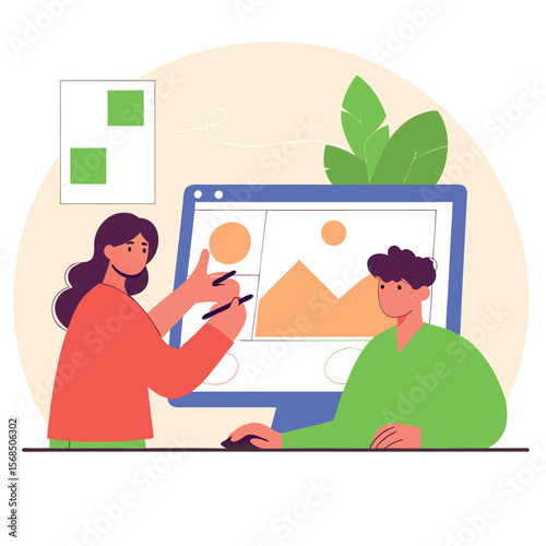 Two designers collaborating on a digital project using a computer and stylus