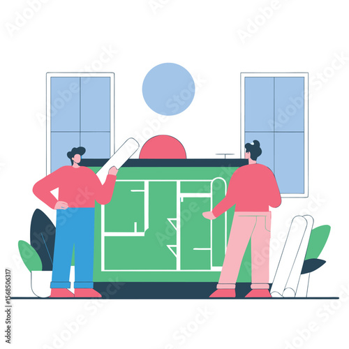 Two architects reviewing a house blueprint plan together in a modern office