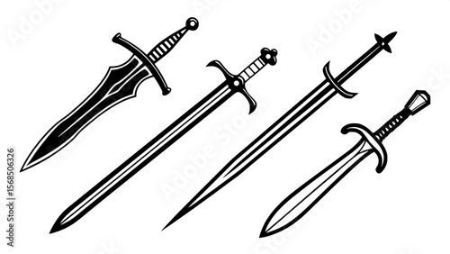 Sword silhouette collection, swords vector illustration. Medieval sword, dagger, cross guard. Black weapon designs, different shapes and styles isolated on white background



