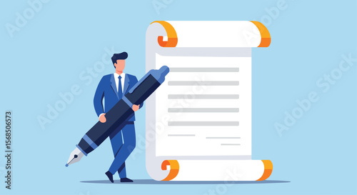 Businessman Signing Document with Giant Pen in Flat Illustration

