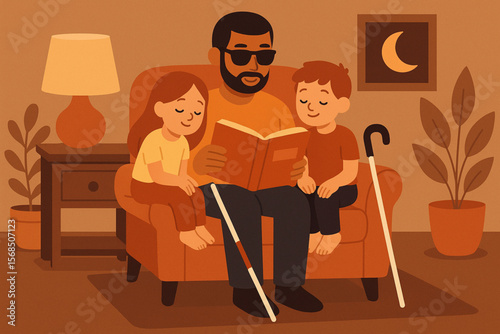 Father with White Cane Reading Bedtime Story to Children in Cozy Living Room Vector