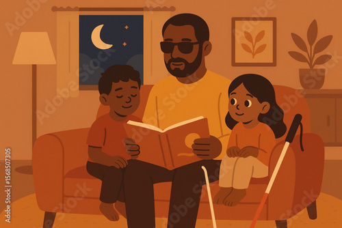 Father with White Cane Reading Bedtime Story to Children in Cozy Living Room Vector