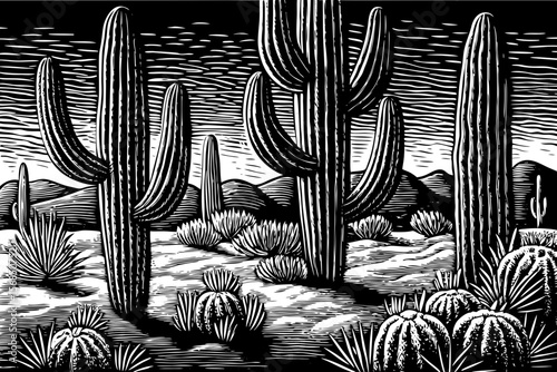Desert field with multiple types of cacti including saguaro, agave, and prickly pear arranged organically vector a black and white line art illustration
