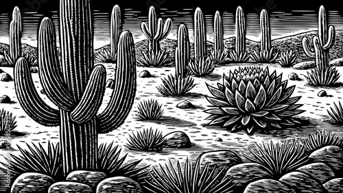 Desert field with multiple types of cacti including saguaro, agave, and prickly pear arranged organically vector a black and white line art illustration
