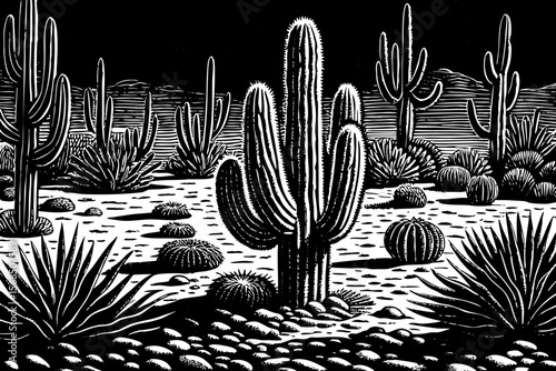 Desert field with multiple types of cacti including saguaro, agave, and prickly pear arranged organically vector a black and white line art illustration