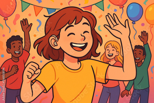 Smiling Teenage Girl with Hearing Aids Dancing with Friends at Colorful Party Vector