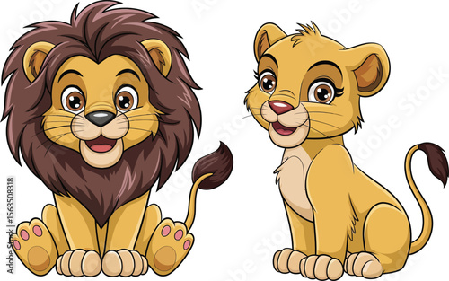 Cute cartoon lion and lioness vector sitting with happy faces brown mane and jungle animal style
