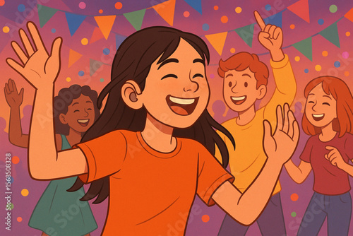 Smiling Teenage Girl with Hearing Aids Dancing with Friends at Colorful Party Vector