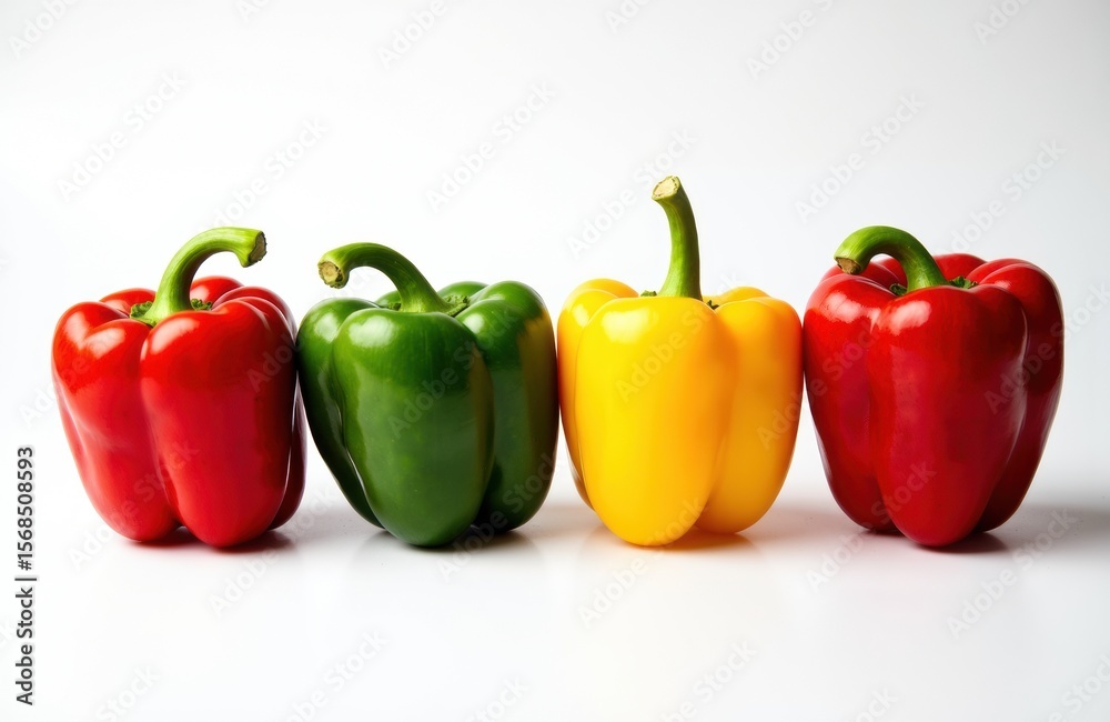 Colorful bell peppers arranged in a row on a white background Colorful bell peppers arranged in a row on a white background