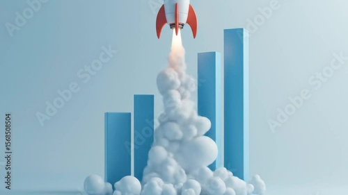 3D rocket launched on top of rising bar chart, symbolizing business growth, success, progress and impact of innovative strategies on achievement. 4k video