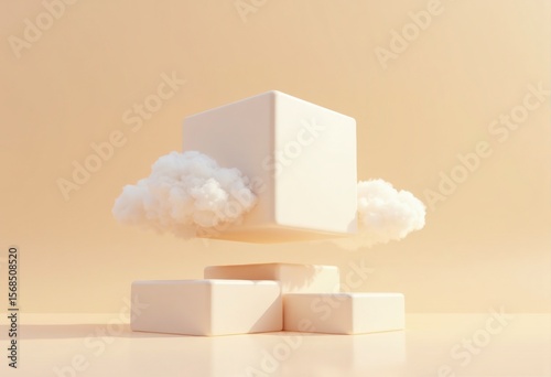 Floating White Cubes Surrounded by Soft Clouds Against a Warm Background