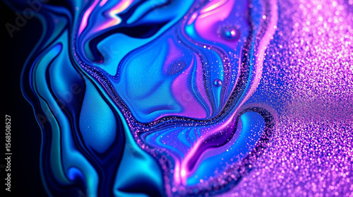Elegant abstract luxury background featuring flowing liquid ink textures and shimmering glitter elements. Perfect for high-end design, branding, packaging, and invitations.