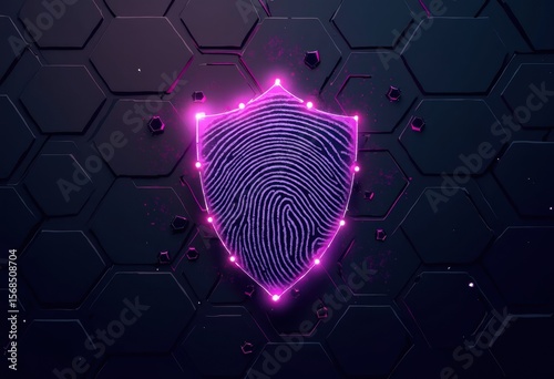 Digital Shield with Fingerprint Design on Hexagonal Background