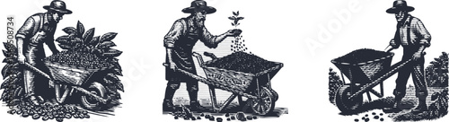  farmer pushing coffee beans wheelbarrow, vintage postal stamp style design, agricultural harvest, rural farming, natural coffee crop scene